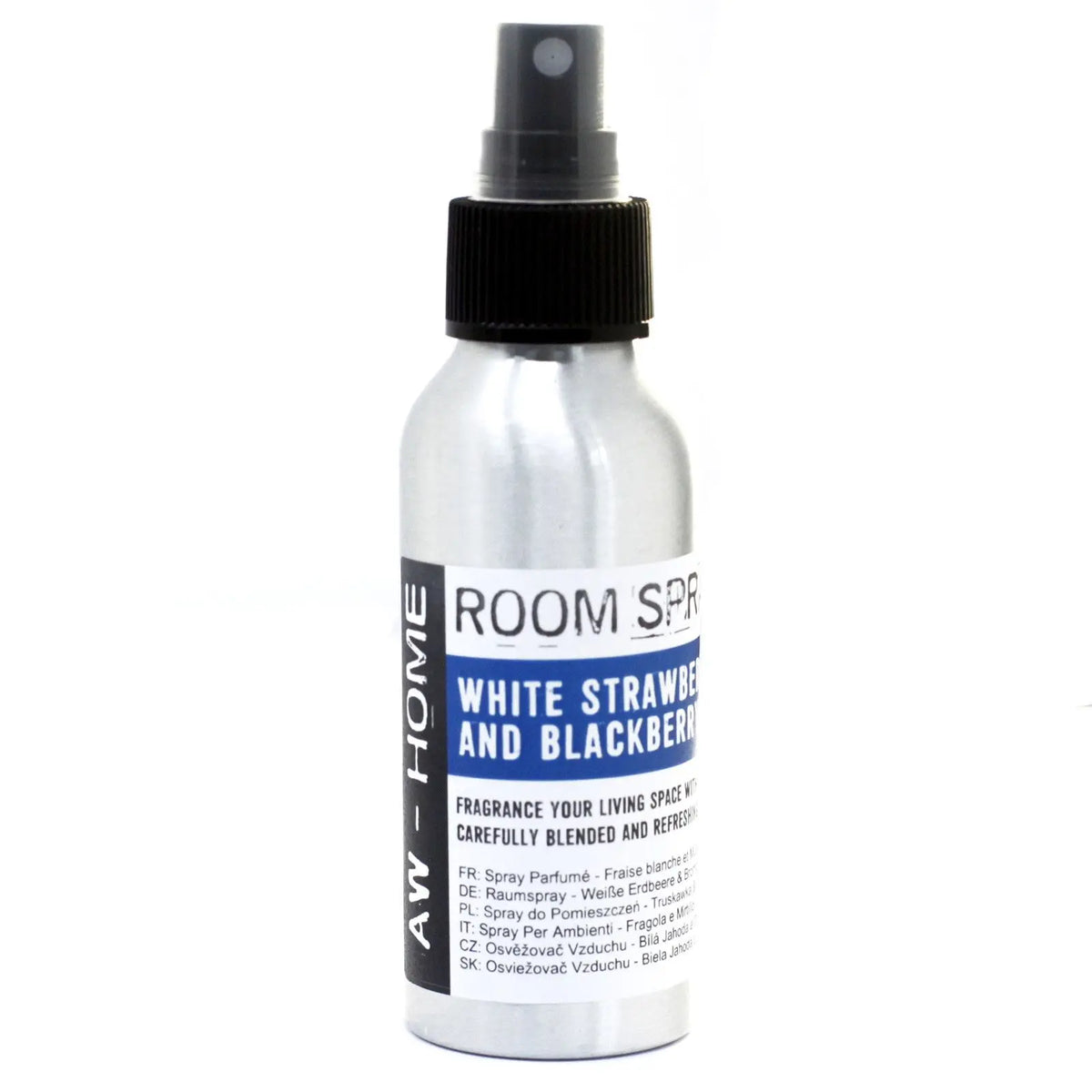 Spray de 100ml en envase de aluminio plateado con difusor negro y etiqueta blanca de fresa blanca y frambuesa.