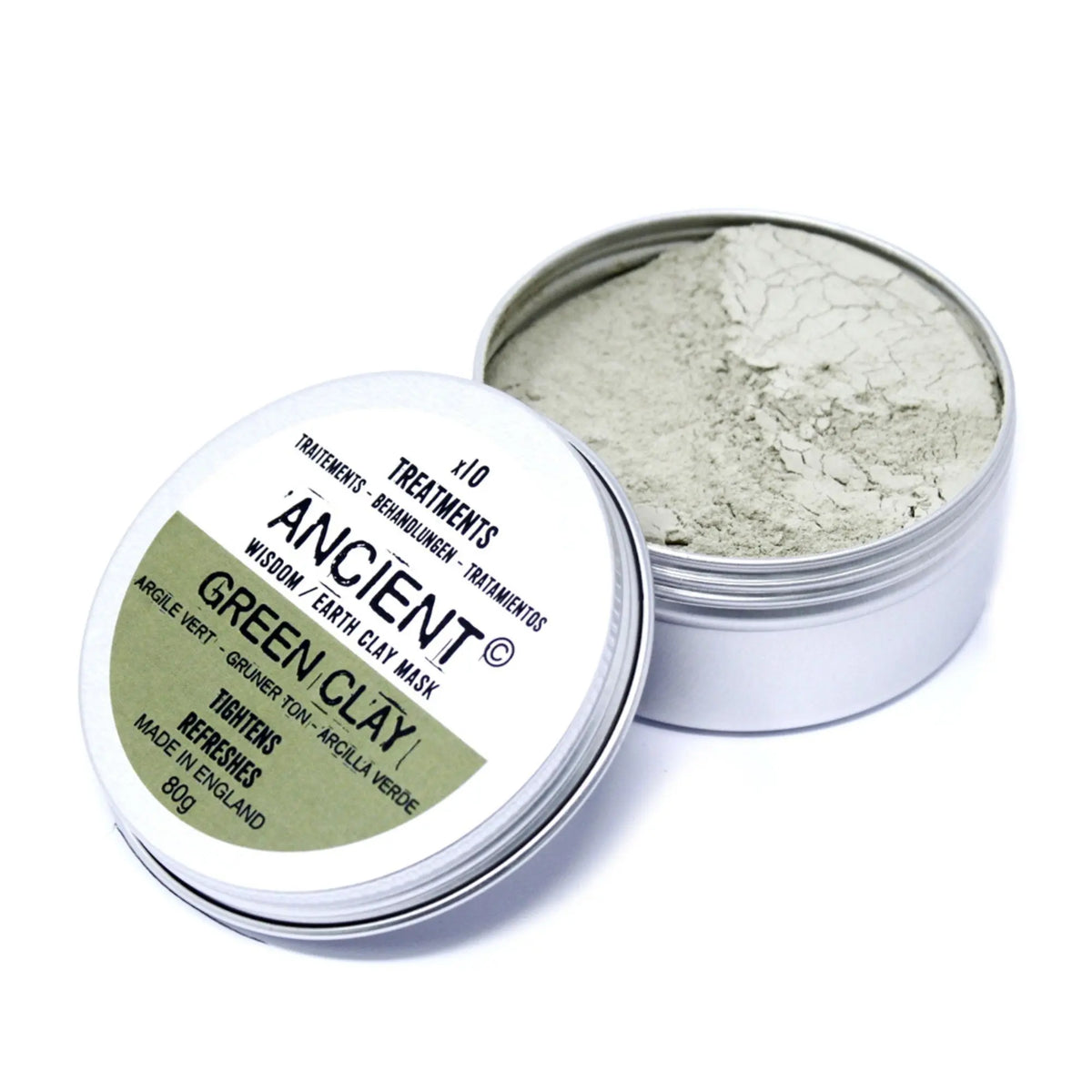 Tarro metálico redondo abierto que contiene 80g de mascarilla en polvo de arcilla verde. Fondo blanco.