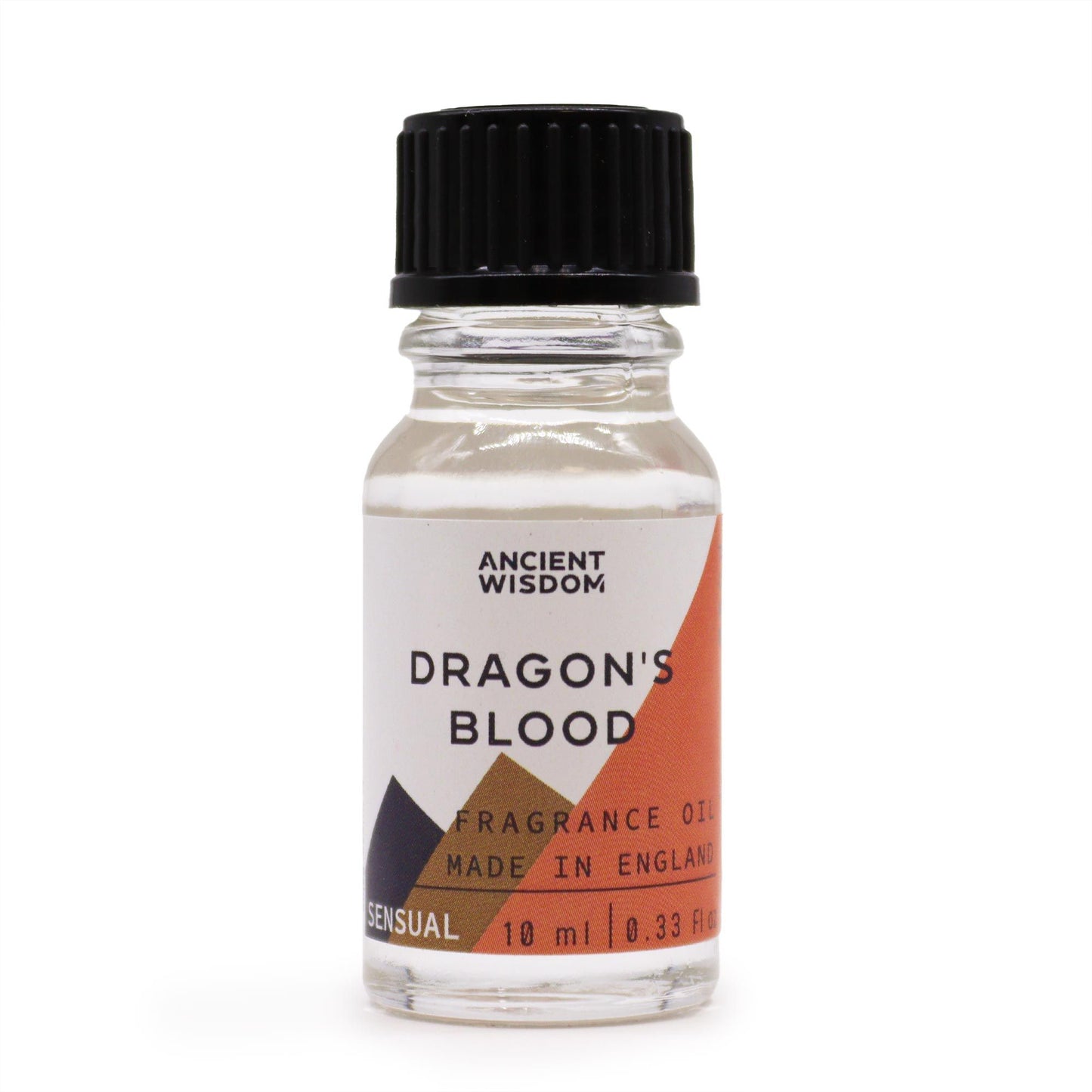 Frasco de cristal transparente con tapa negra de 10ml, etiqueta blanca y naranja con texto "Dragon's Blood".