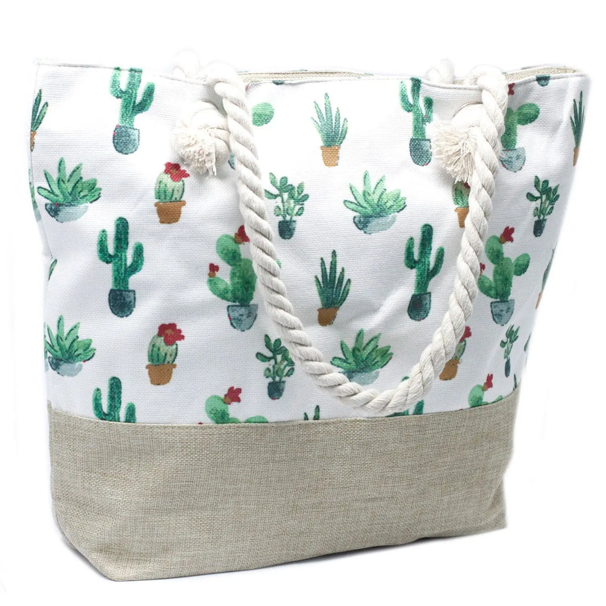 Bolso shopper blanco con estampado de cactus, base de tela natural y asas de cuerda trenzada estilo náutico