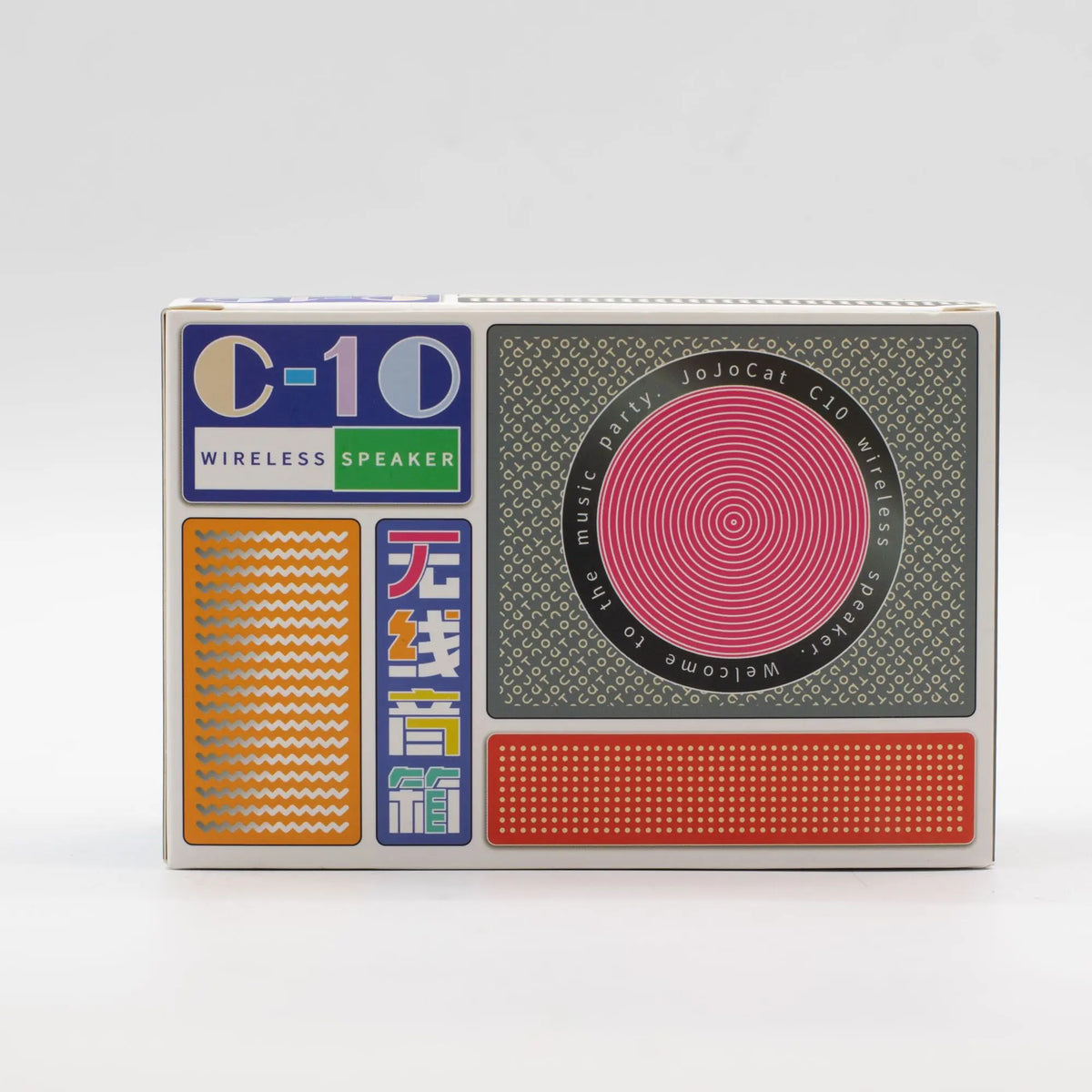 Caja de cartón rectangular de altavoz Jojocut C10 con diseño gráfico retro, colores vivos y estilo tipo radio antigua.
