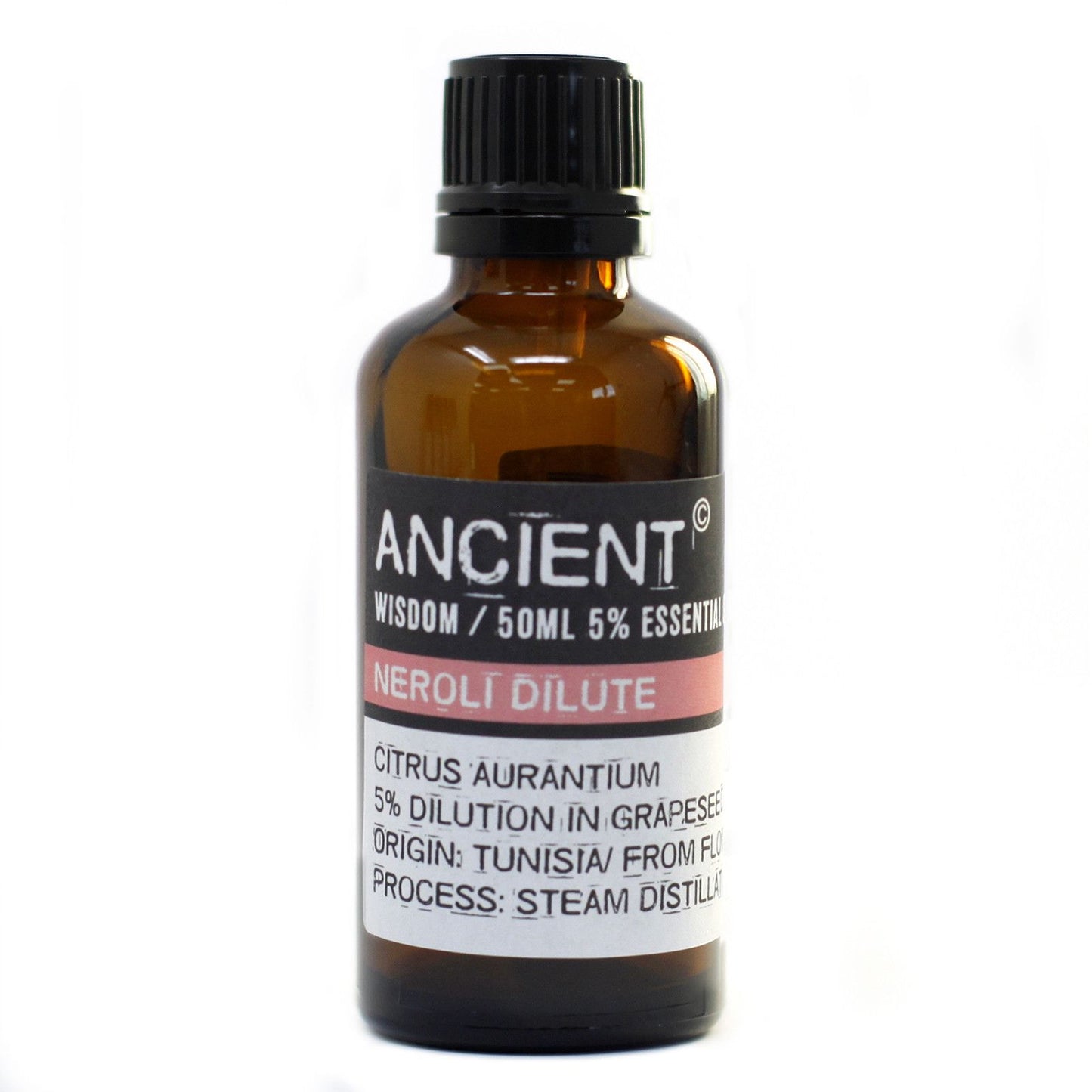 Frasco de vidrio ámbar de 50 ml con etiqueta blanca y negra de aceite esencial de Neroli diluido, tapa negra.