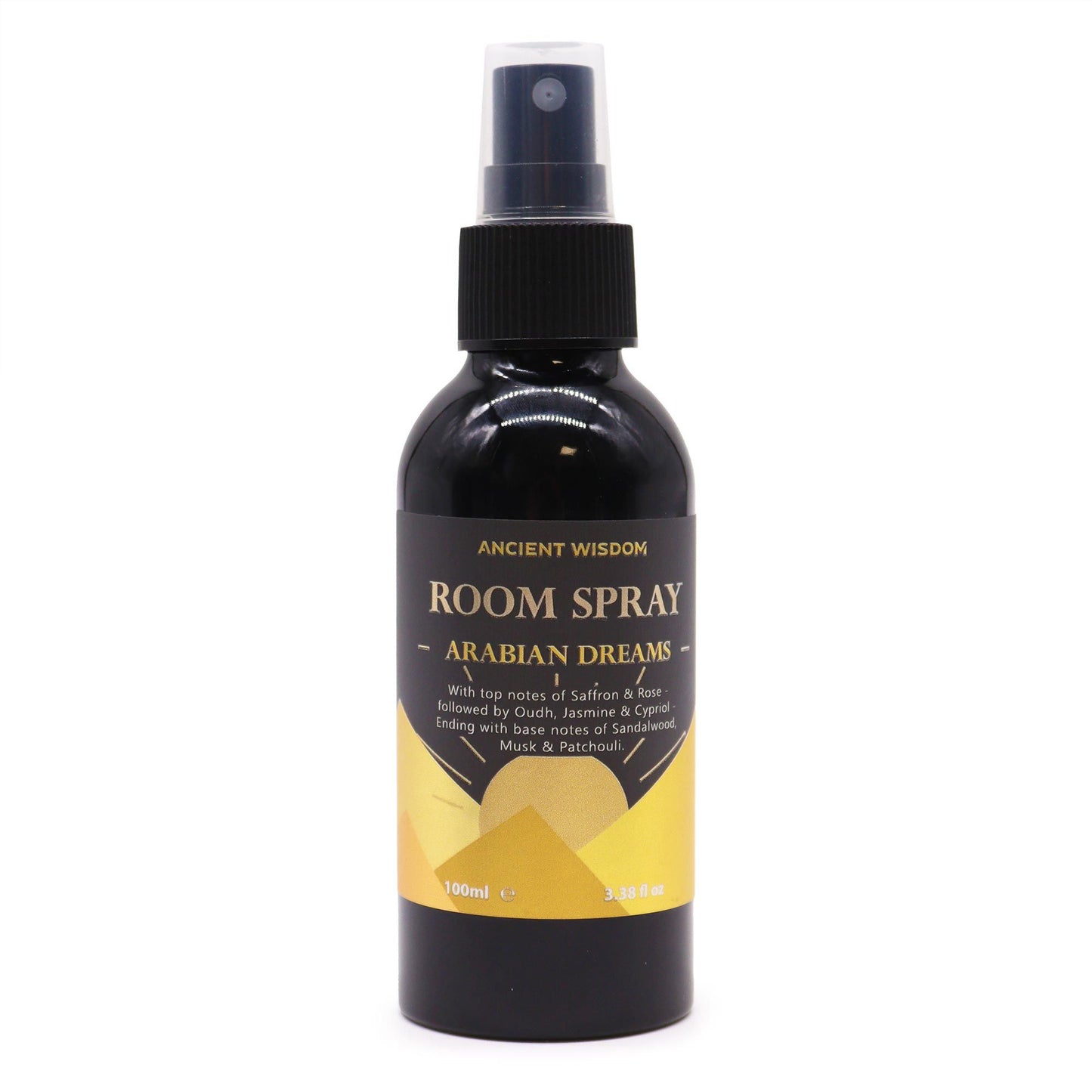 Spray ambiental "Sueños Árabes" en botella negra, 100 ml, con notas de azafrán, jazmín y patchouli.