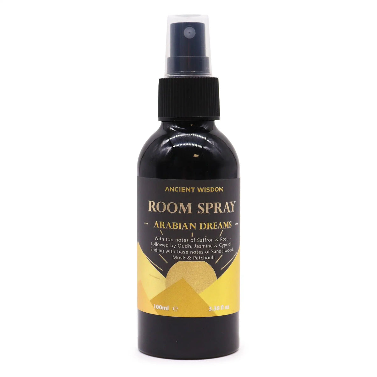 Spray ambiental "Sueños Árabes" en botella negra, 100 ml, con notas de azafrán, jazmín y patchouli.