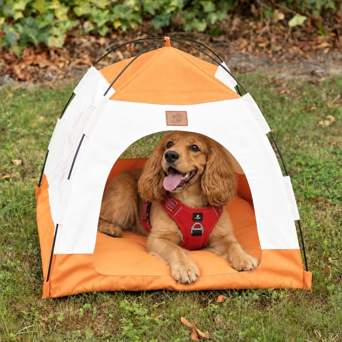 Cama tienda para mascotas beige y naranja de 58 cm