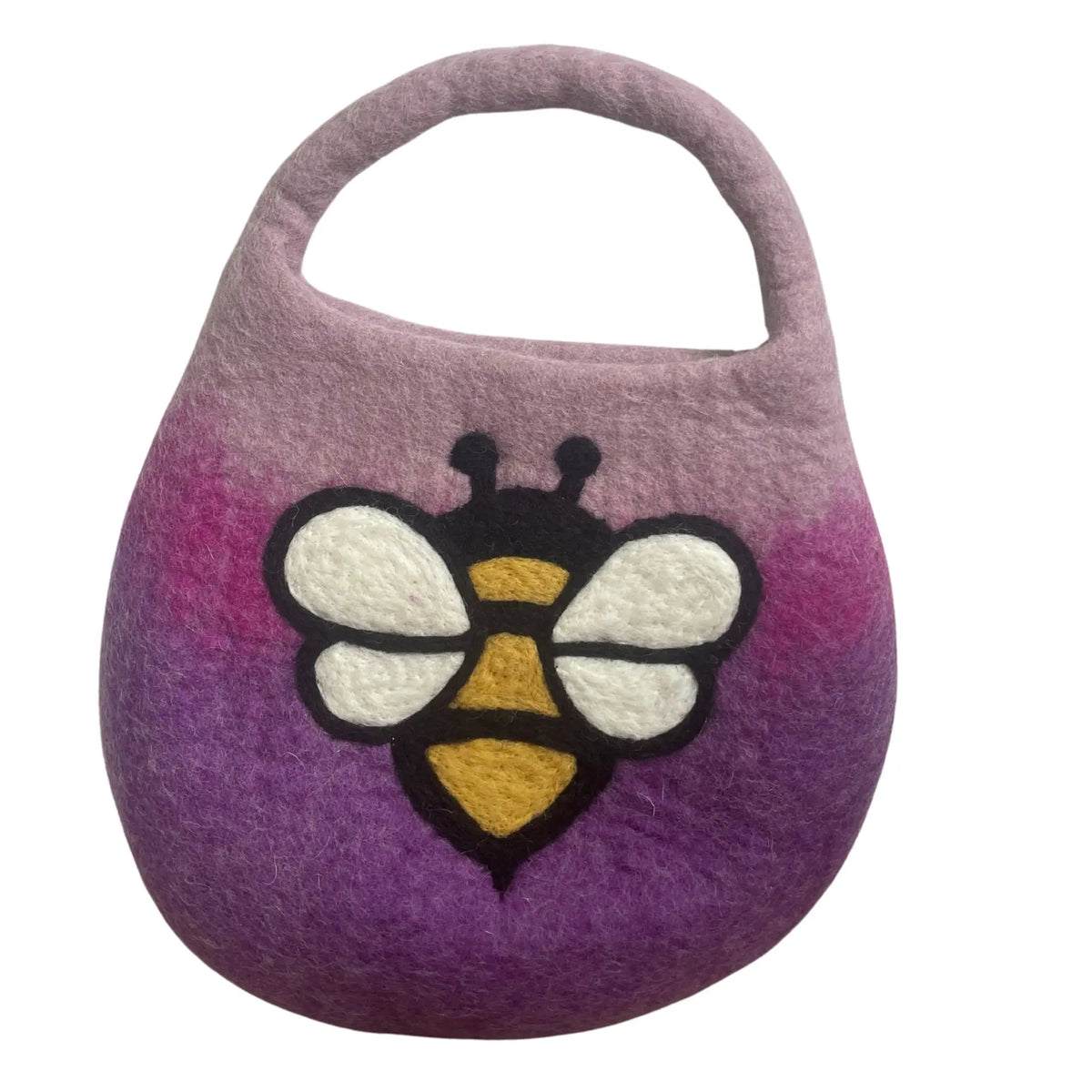 Bolso de fieltro artesanal en tonos lavanda y morado con un diseño central de abeja y práctica asa superior integrada