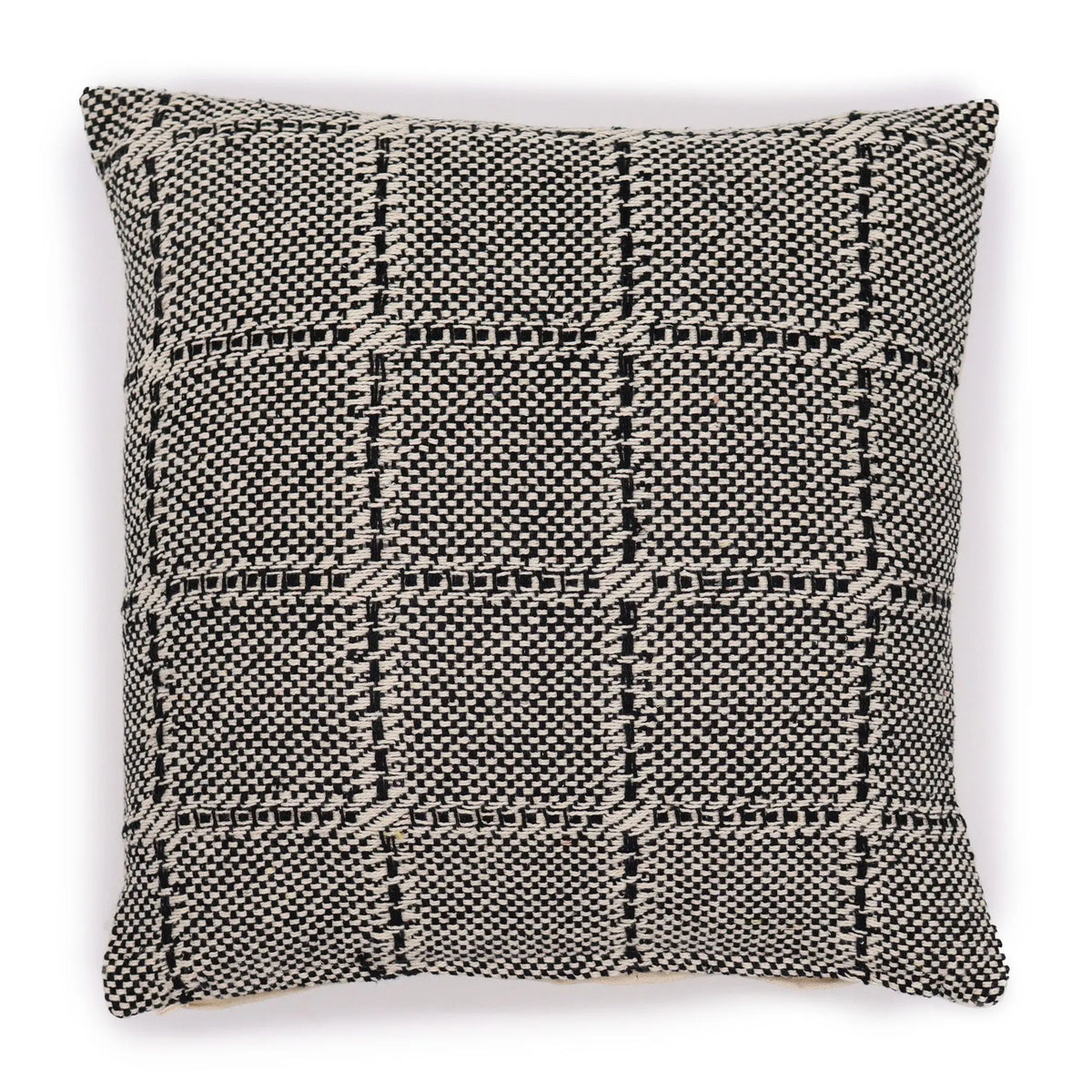 Funda de cojín cuadrada de 40x40cm con tejido texturizado y patrón de cuadros en tonos gris oscuro y blanco crema.