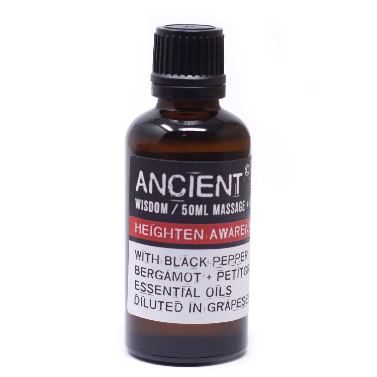 Frasco de vidrio ámbar de 50ml con tapa negra y etiqueta blanca, roja y negra de aceite de masaje esencial.