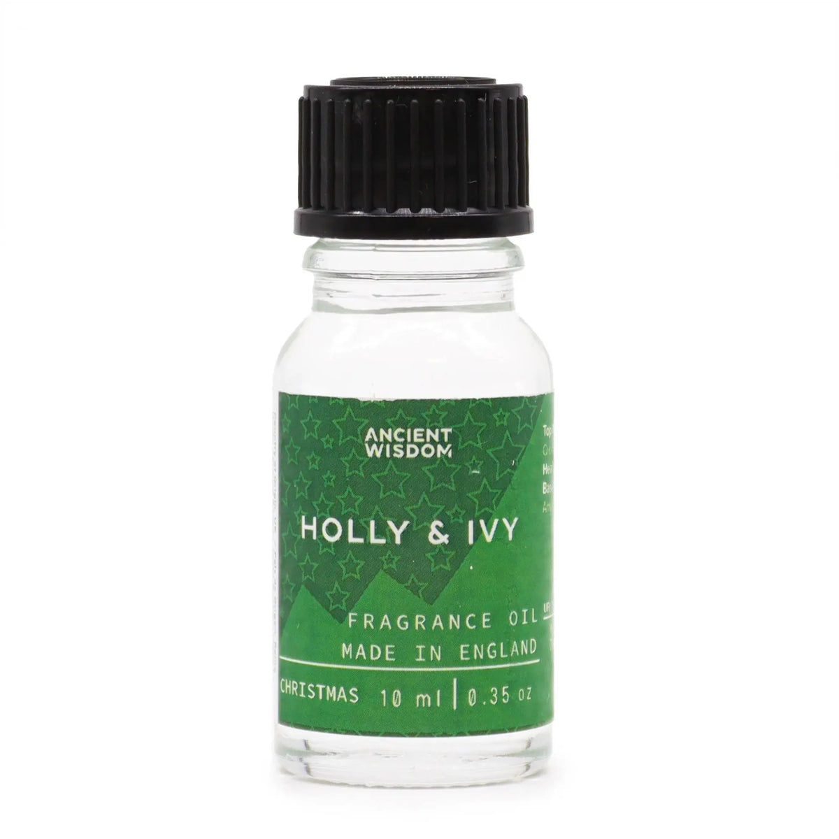 Frasco de vidrio de 10 ml con tapón negro y etiqueta verde decorada con estrellas, aroma de acebo y hiedra.