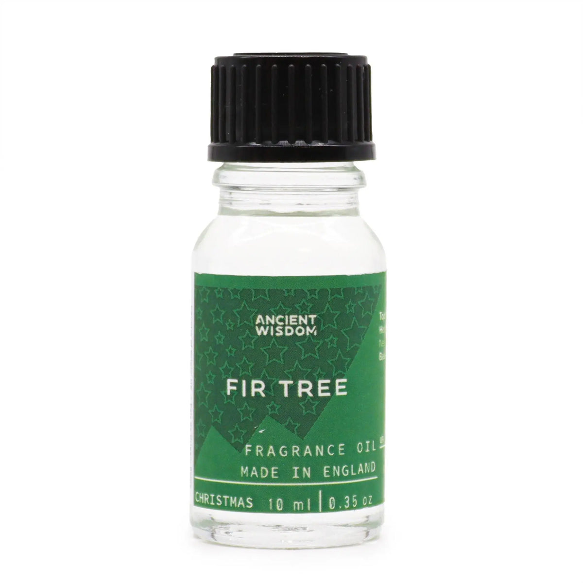 Frasco pequeño de vidrio transparente con aceite aromático de abeto, tapa negra y etiqueta verde con estrellas.
