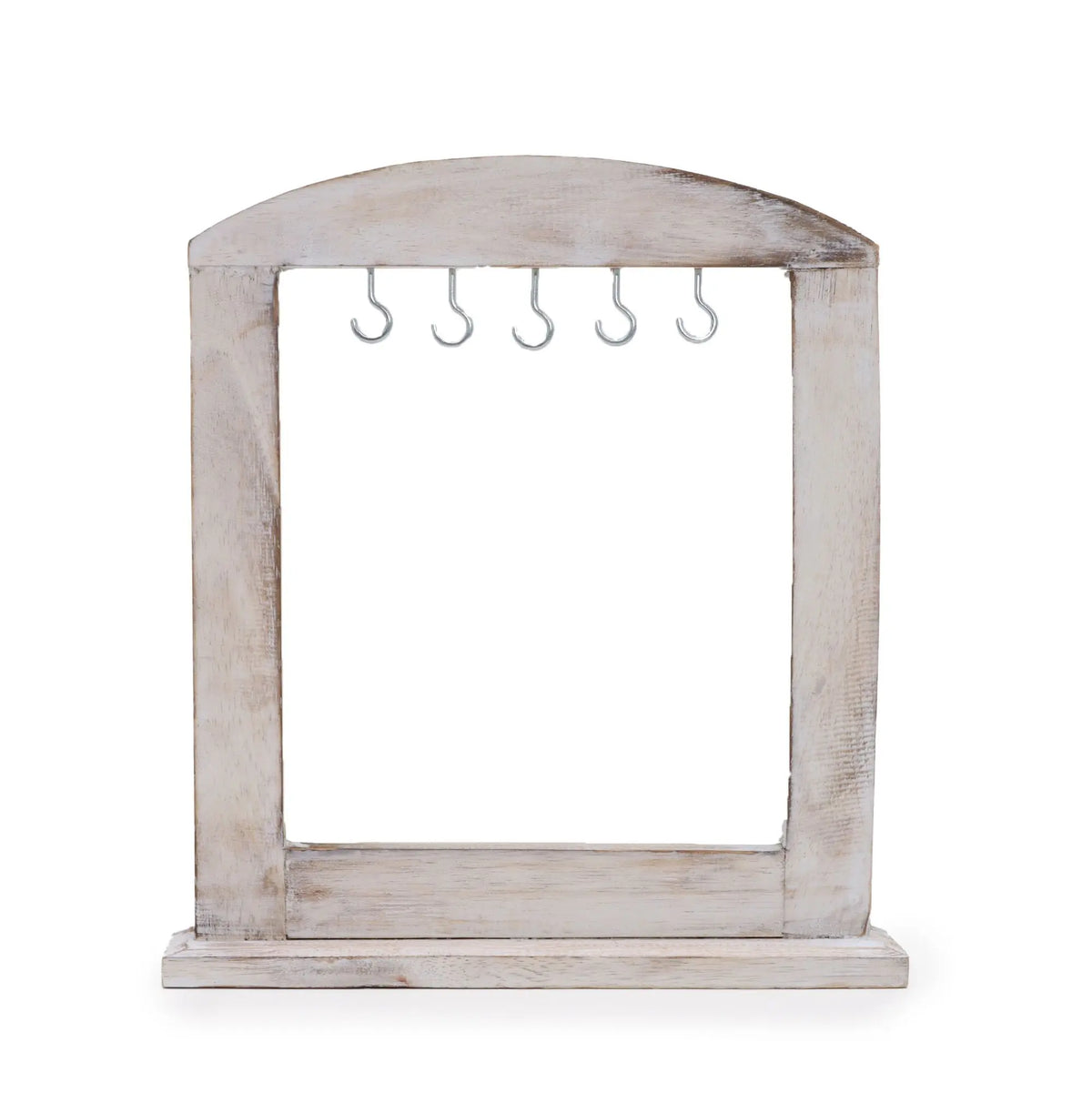 Soporte de exhibición de madera blanqueada con forma de arco y cinco ganchos metálicos para colgar. 30x25 cm.