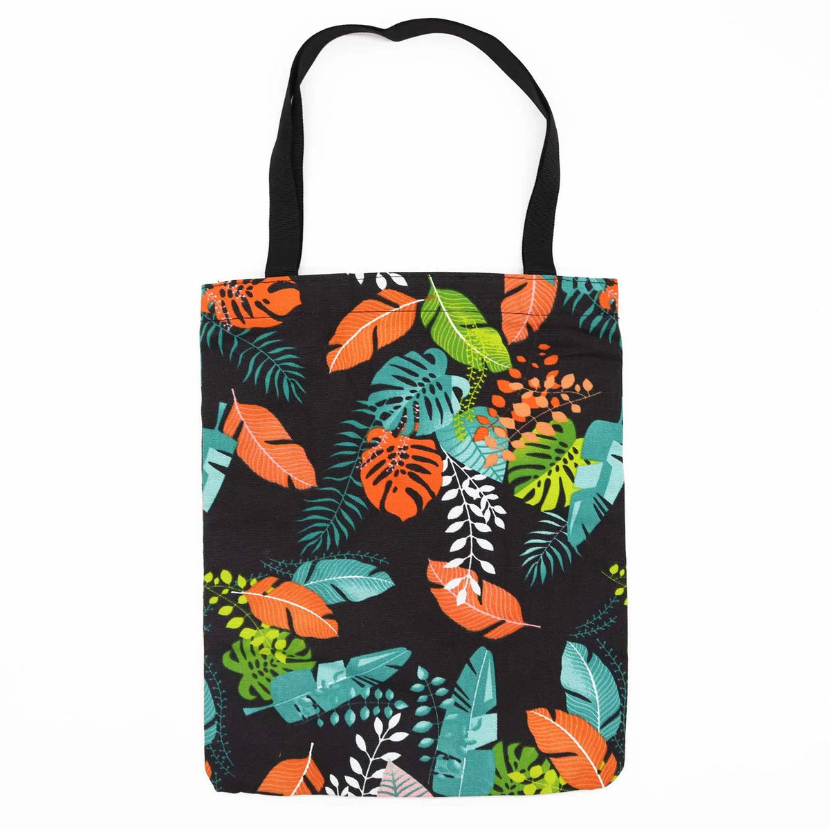 Bolsa tote de tela negra con estampado de hojas tropicales en tonos naranja, verde y azul con asas negras.