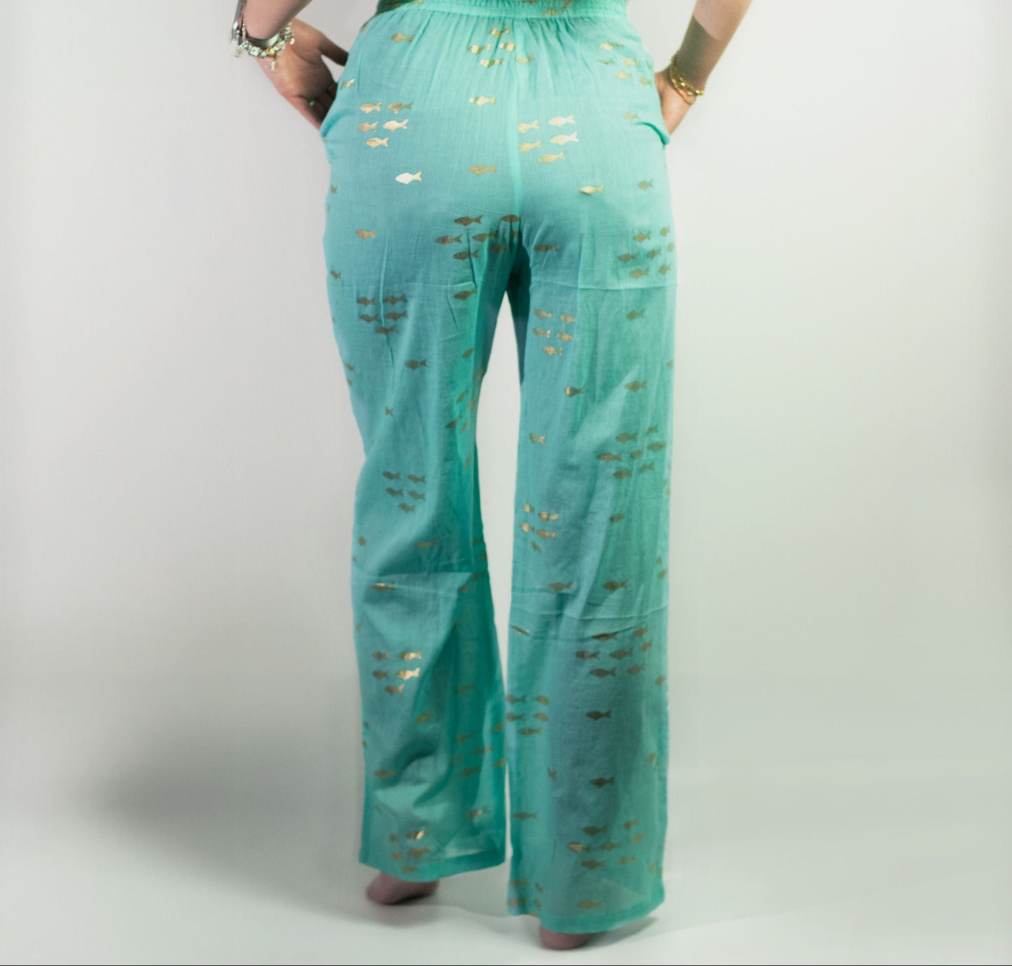 Pantalones Lounge Algodón - Diseño Peces Turquesa y Oro - Colección Mediterráneo
