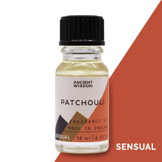 Frasco de vidrio de 10ml con tapa negra y etiqueta decorada con diseño geométrico y texto "Patchouli".