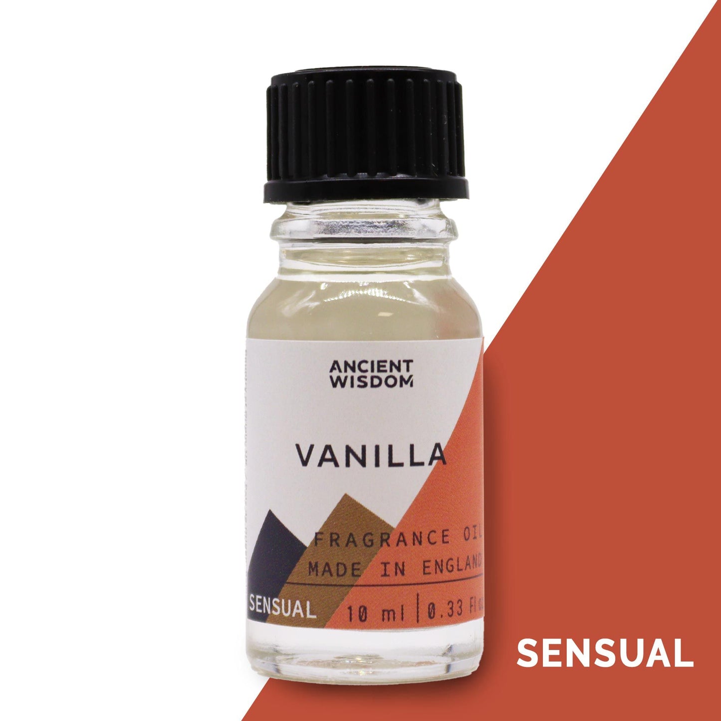 Frasco de vidrio de 10 ml con aceite de fragancia de vainilla, tapón negro y etiqueta con diseño geométrico.
