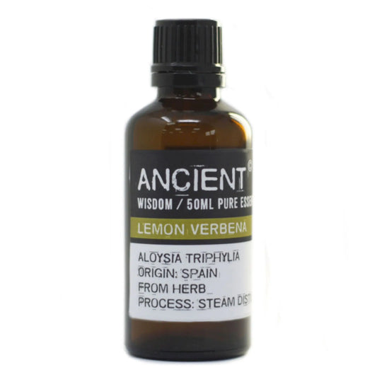 Frasco de vidrio ámbar de 50ml con tapa negra y etiqueta blanca que identifica el aceite esencial de verbena de limón.