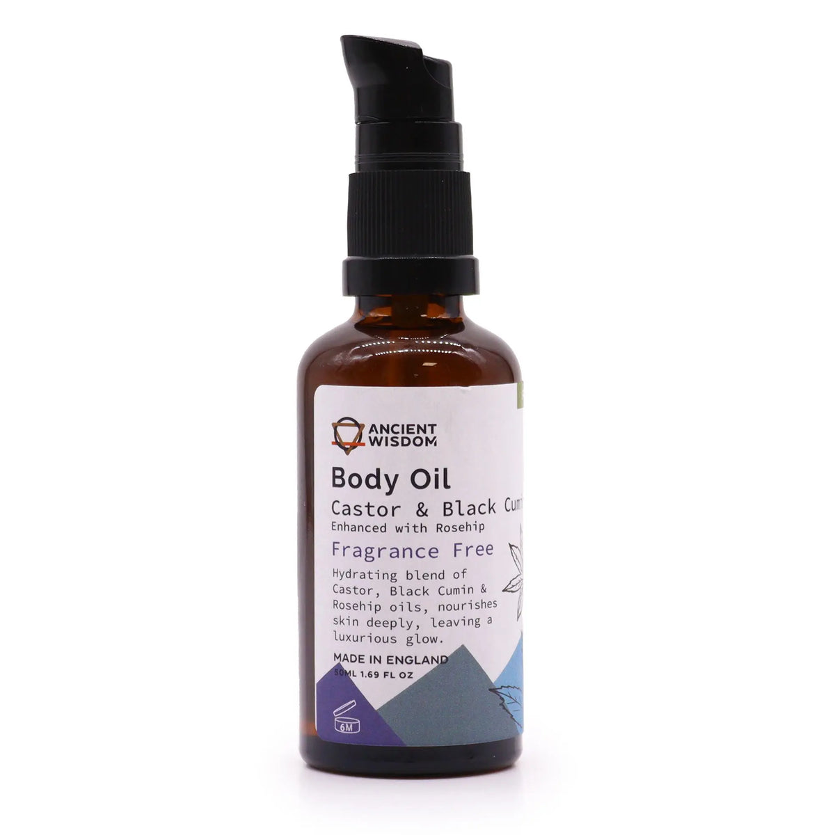 Frasco de vidrio ámbar con dispensador negro, contiene 50 ml de aceite corporal orgánico de rosa mosqueta sin aroma.