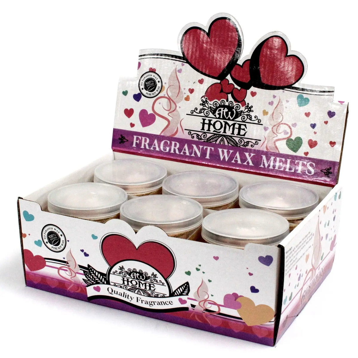 Expositor de cartón con 6 tarros de cera de soja, decorado con corazones rojos y detalles en tonos violeta y blanco.