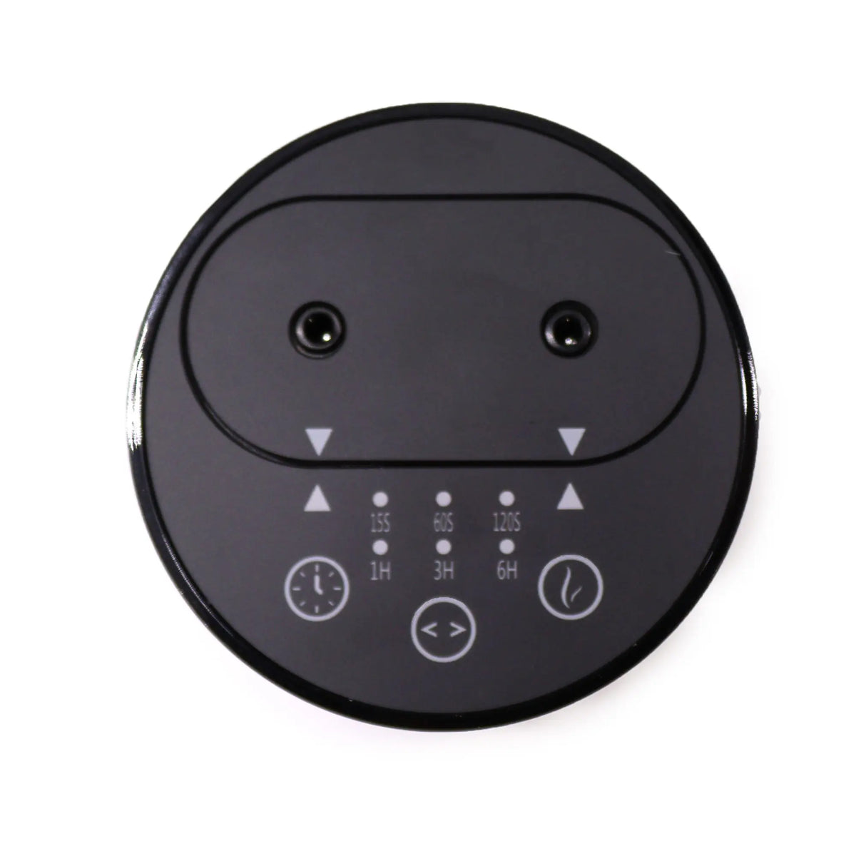 Difusor negro circular con dos boquillas, panel táctil para temporizador, intensidad y control de aceites esenciales.