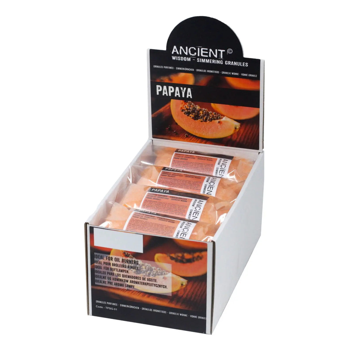 Expositor de cartón con saquitos de gránulos aromáticos color naranja con aroma a papaya sobre fondo blanco.