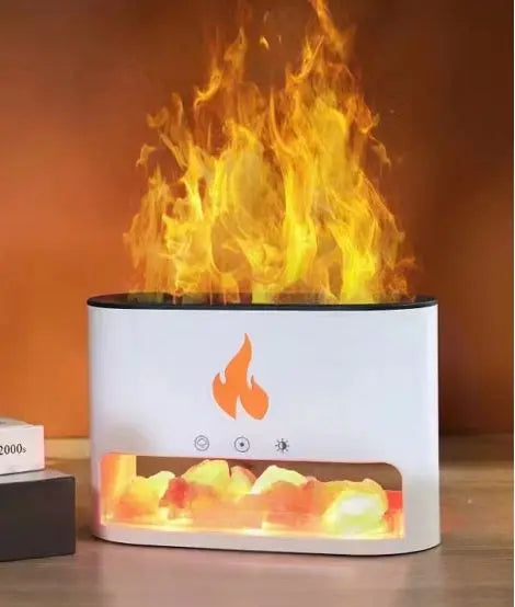 Difusor Blaze blanco con sal del Himalaya y efecto llama realista. Diseño moderno, compacto y con conexión USB-C.