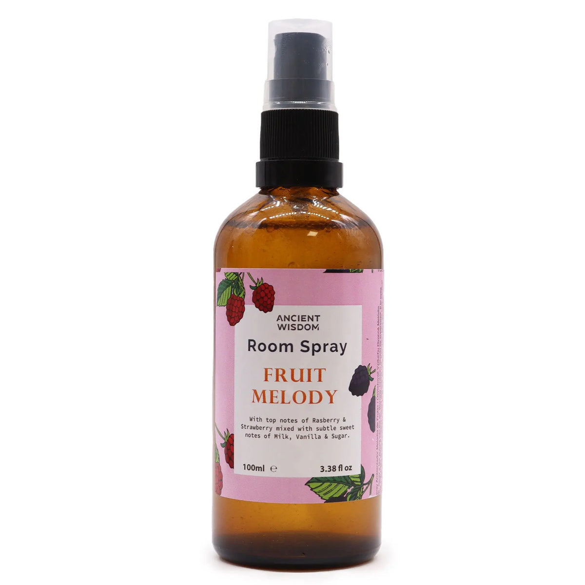 Spray ambiental en frasco de vidrio ámbar de 100ml con atomizador negro y etiqueta rosa con ilustraciones de frutas.