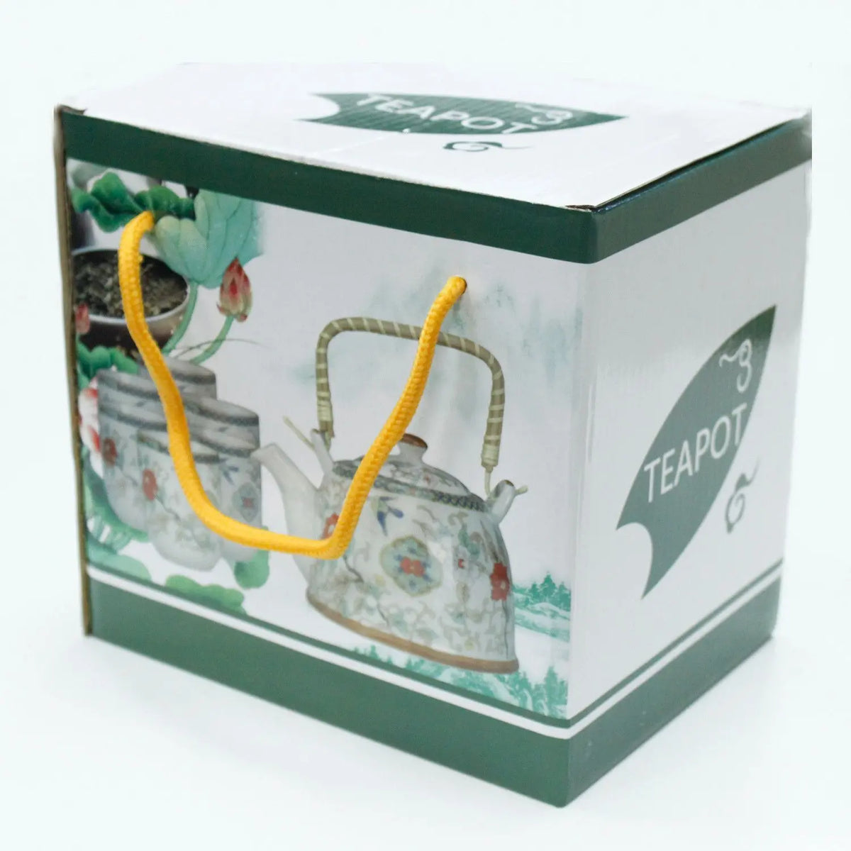 Caja blanca con asa amarilla, muestra un set de tetera y tazas con diseño de abanicos chinos sobre fondo de flores.