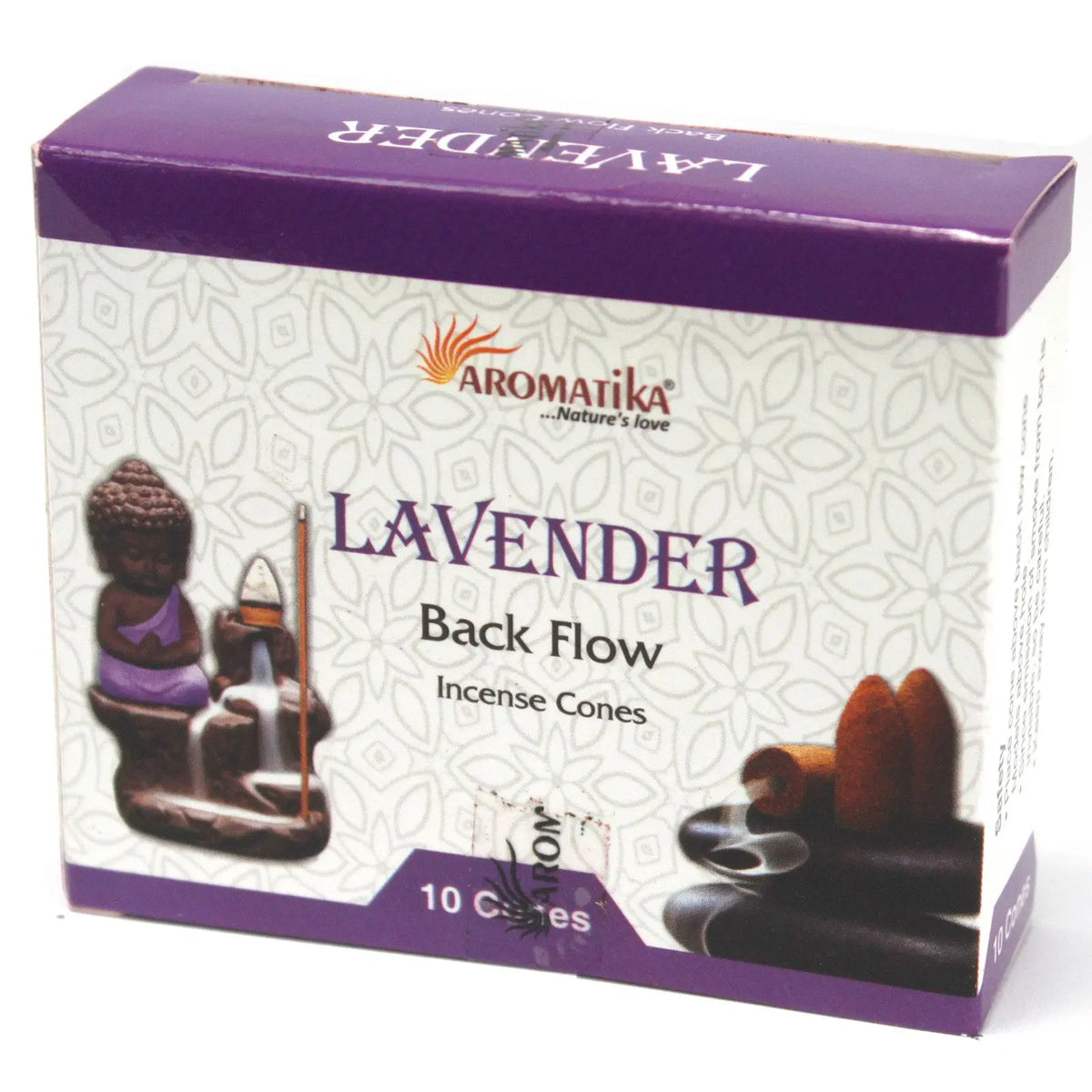 Conos de incienso de lavanda Aromatika, 10 piezas, caja morada y blanca, estilo aromático y relajante.