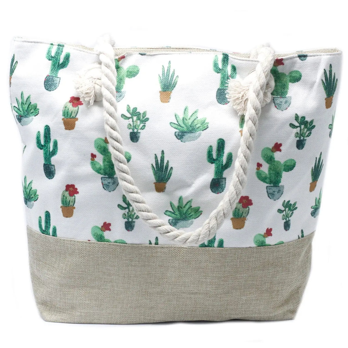 Bolso shopper de tela blanca con estampado de cactus y base de arpillera natural, cuenta con asas de cuerda trenzada