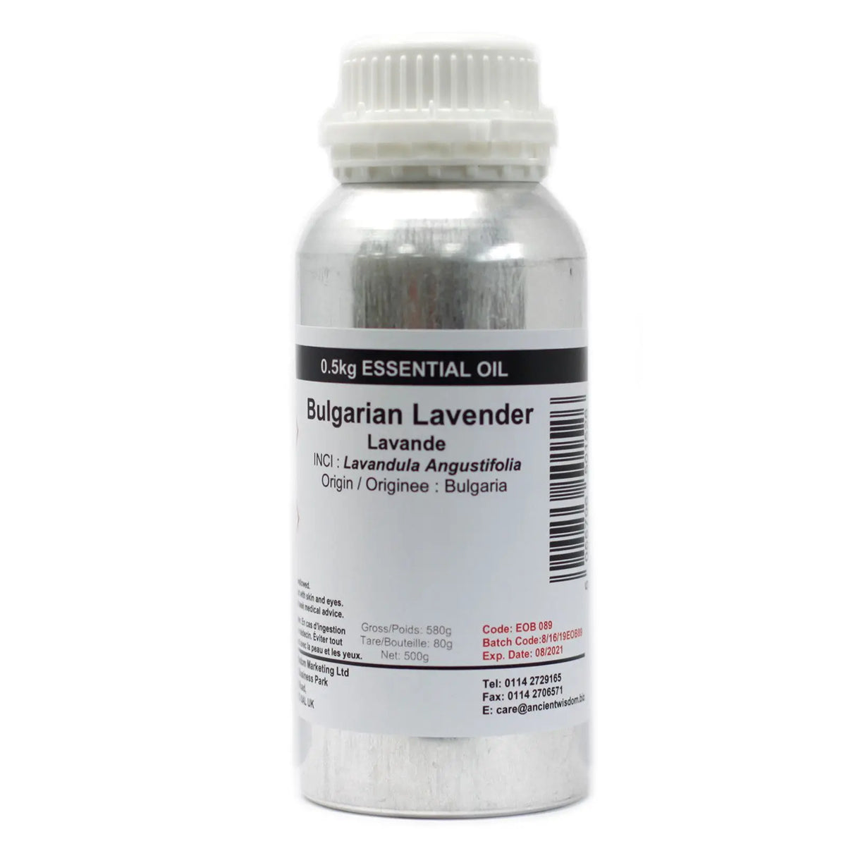 ACEITE ESENCIAL DE LAVANDA BÚLGARA 0.5kg, envase de aluminio plateado, aroma dulce y fresco, ideal para aromaterapia.