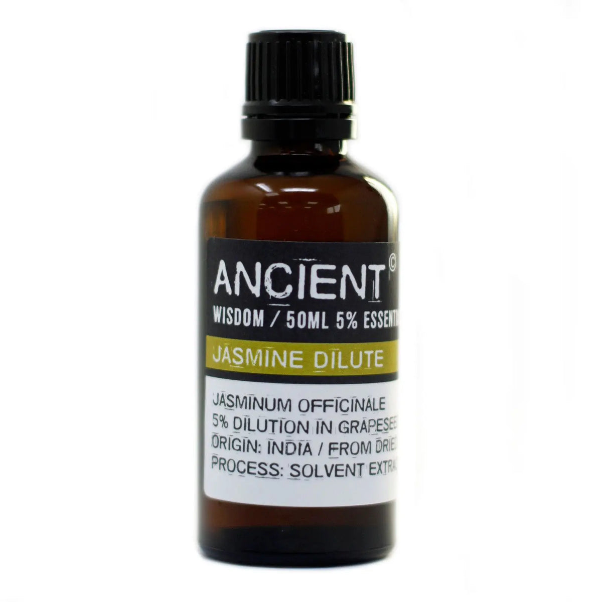 Frasco de vidrio ámbar de 50ml con tapa negra y etiqueta blanca que identifica aceite de jazmín diluido al 5%.