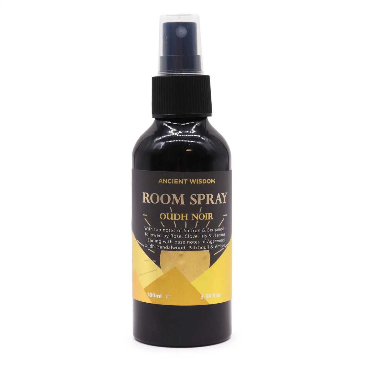 Botella de spray negra de 100ml con etiqueta amarilla y negra que detalla notas aromáticas de Oudh y especias.