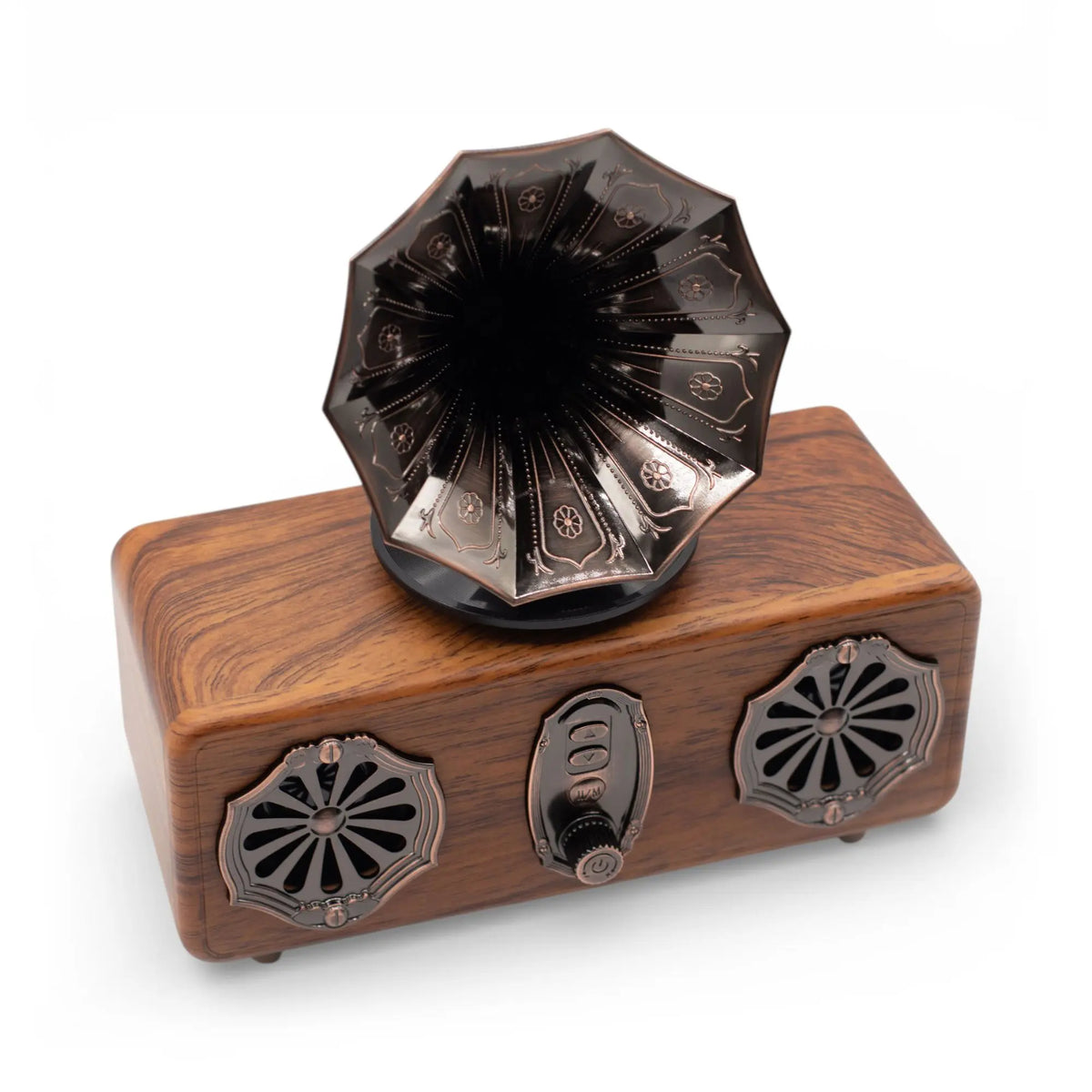 Altavoz Bluetooth retro de madera con doble bocina metálica estilo gramófono, detalles en bronce y controles frontales.