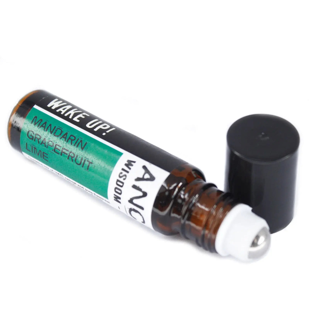Roll-on aromático "Wake Up!" de 10 ml con fragancia de mandarina, toronja y lima en frasco ámbar.