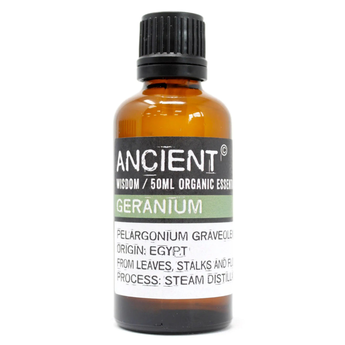 Frasco de vidrio ámbar de 50ml con tapa negra y etiqueta Ancient Wisdom de aceite esencial orgánico de geranio.