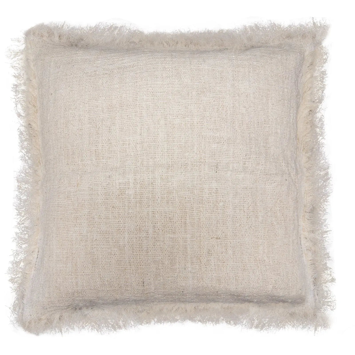 Funda de cojín cuadrada de lino color beige claro con textura rústica y flecos decorativos en todo el borde.