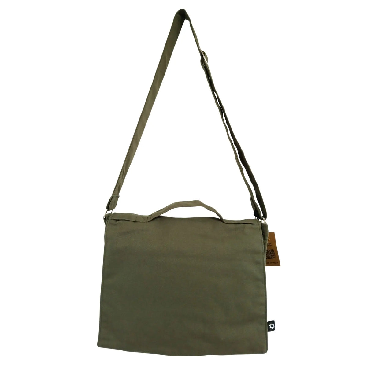 Bolsa mensajera color oliva de lona y algodón con asa superior y correa ajustable para el hombro sobre fondo blanco.