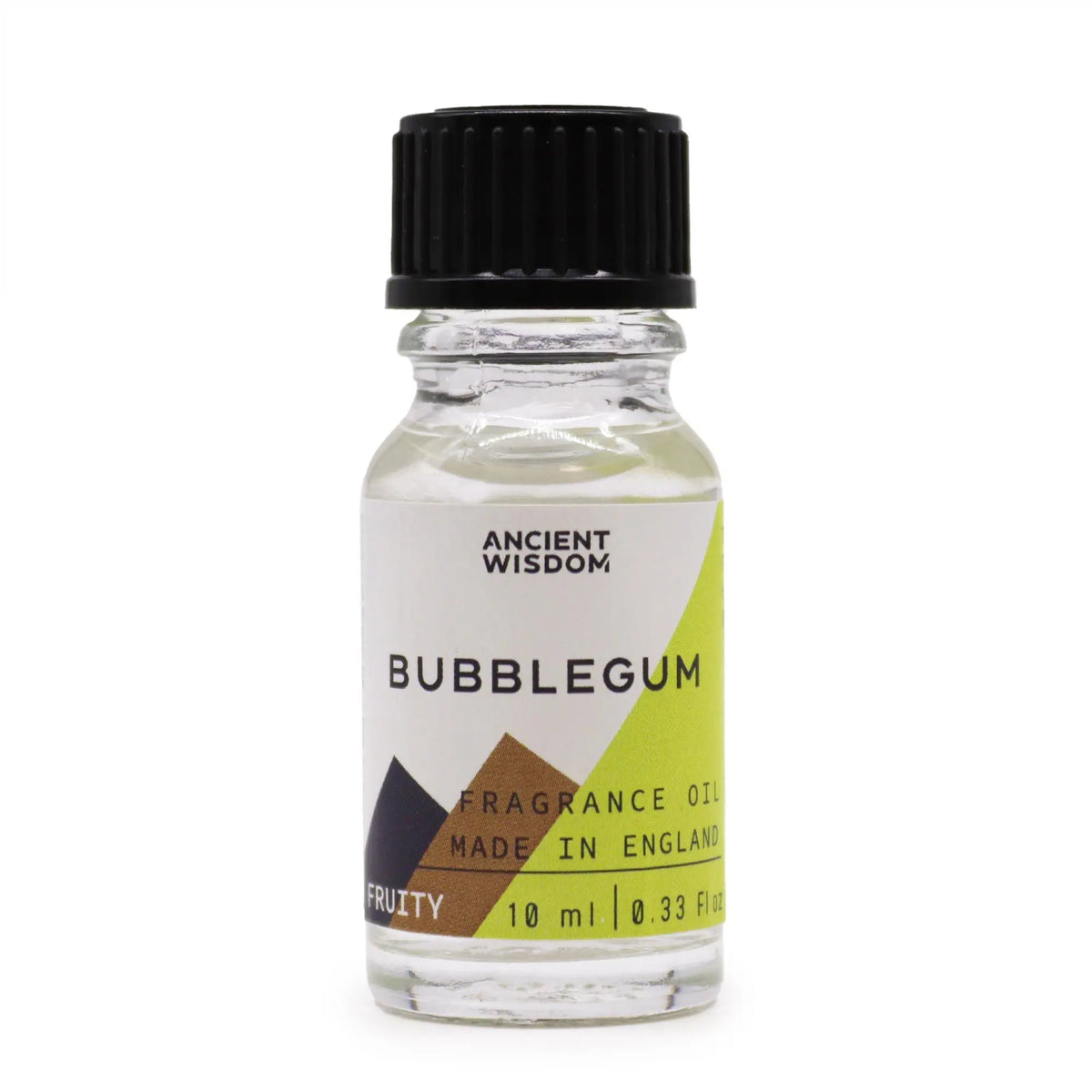 Frasco de vidrio de 10ml con tapa negra y etiqueta blanca y verde con el texto "Bubblegum" (chicle). Fondo blanco.