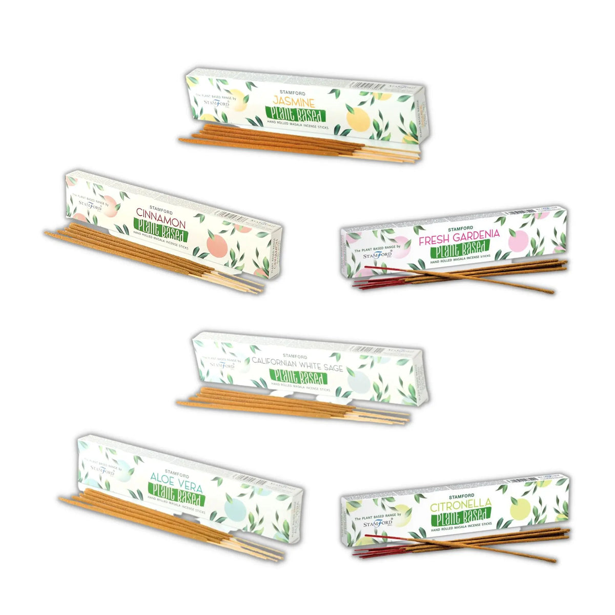 Conos de incienso variados: jazmín, canela, aloe vera, citronela, en cajas ecológicas blancas con diseños vegetales.