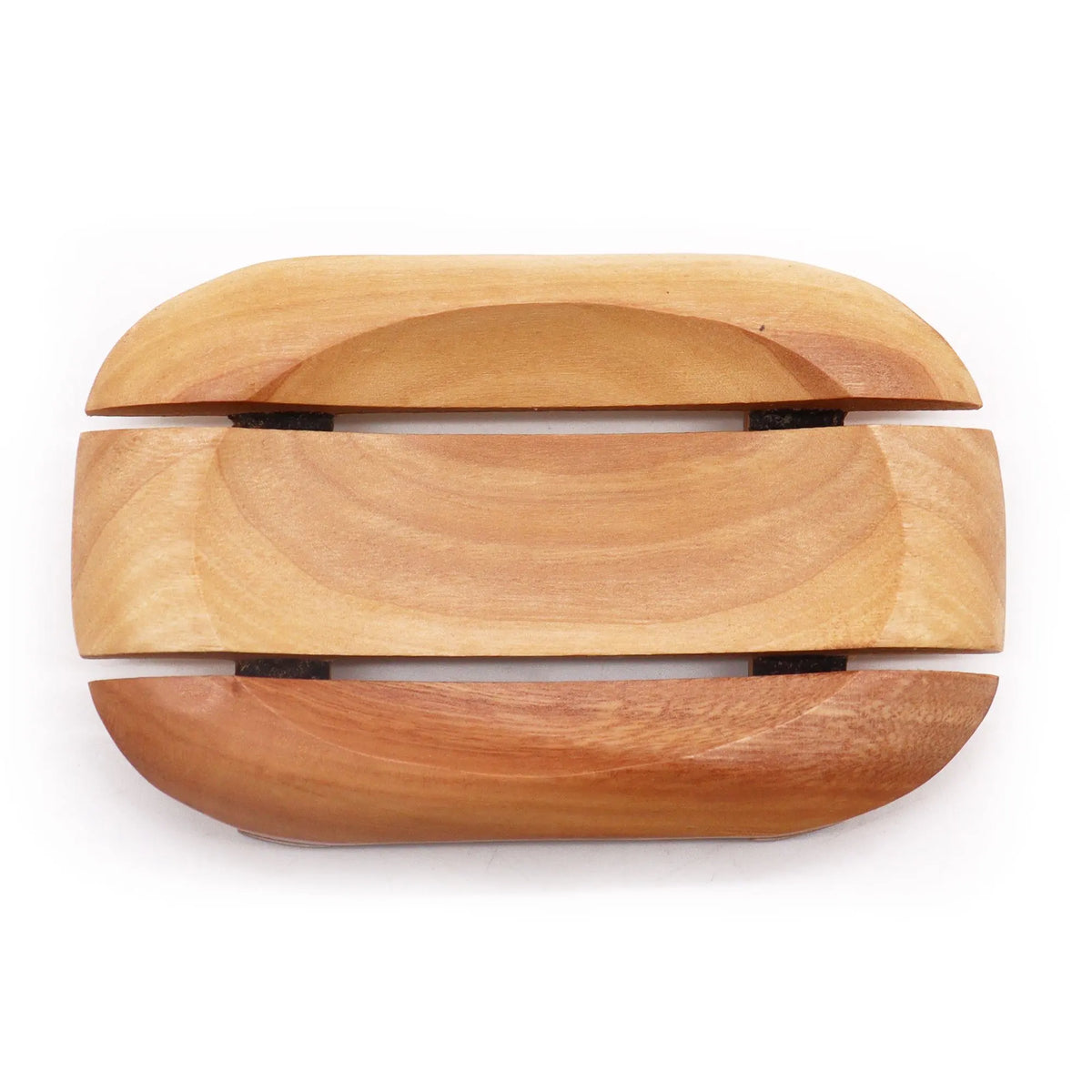 Jabonera ovalada de madera de caoba Ancient Wisdom, diseño clásico con ranuras para drenaje, tono natural.