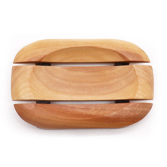 Jabonera ovalada de madera de caoba Ancient Wisdom, diseño clásico con ranuras para drenaje, tono natural.