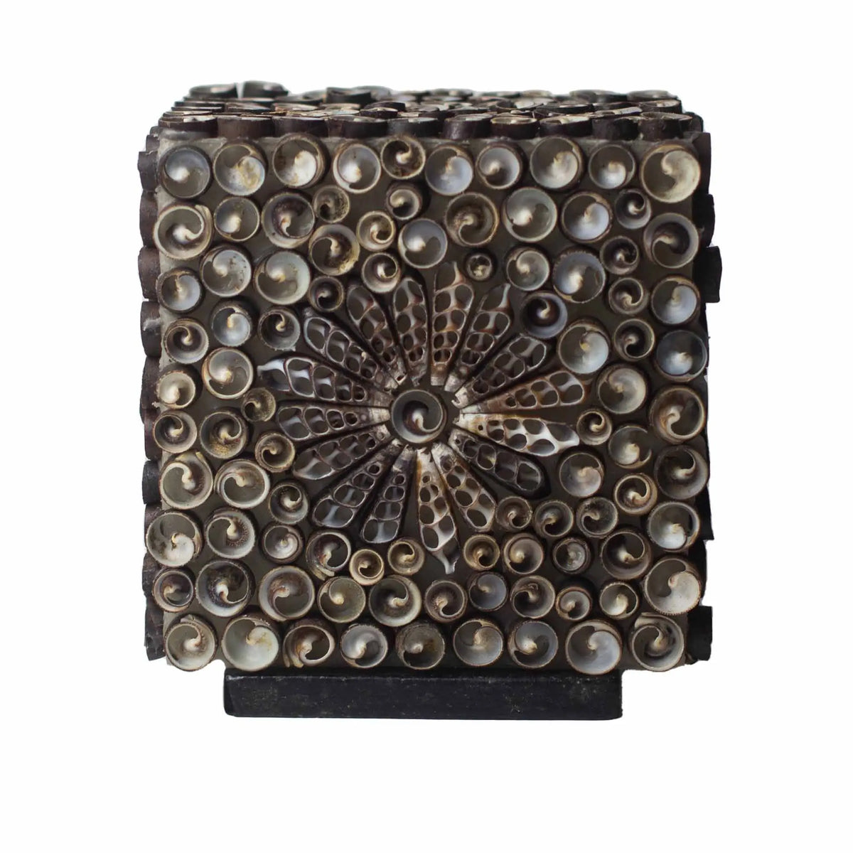 Lámpara cuadrada estilo boho de 15cm decorada con pequeñas conchas naturales en tonos tierra y diseño floral central