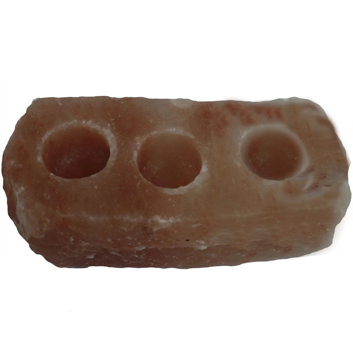 Soporte rectangular de sal del Himalaya tallado en piedra rosa natural con tres orificios circulares para velas