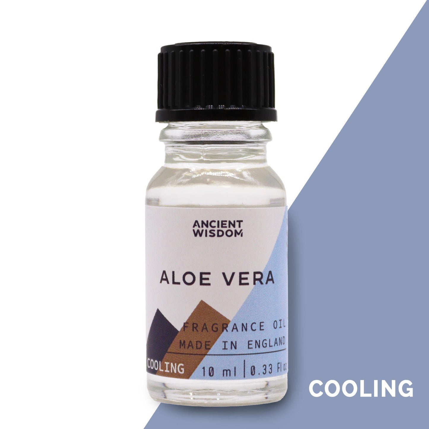 Frasco de vidrio de 10ml con aceite de fragancia de aloe vera, etiqueta blanca y tapa negra, sobre fondo azul.