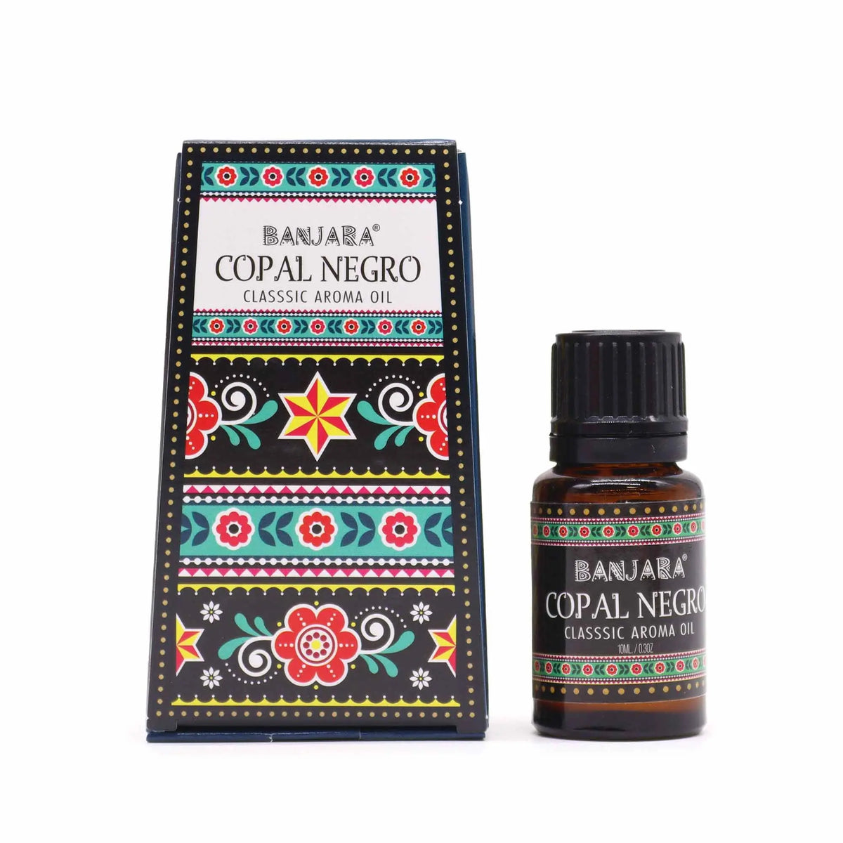 Frasco de aceite esencial y su caja decorada con motivos étnicos coloridos sobre fondo negro. 10ml. Estilo tradicional.