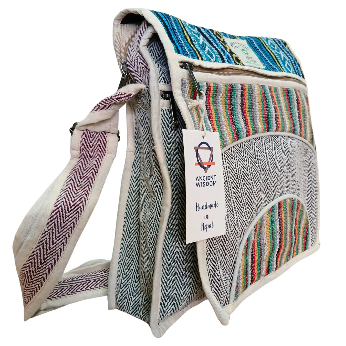 Bolso mensajero de cáñamo con diseño de rayas coloridas, patrón de espiga y solapa curva con correas ajustables.