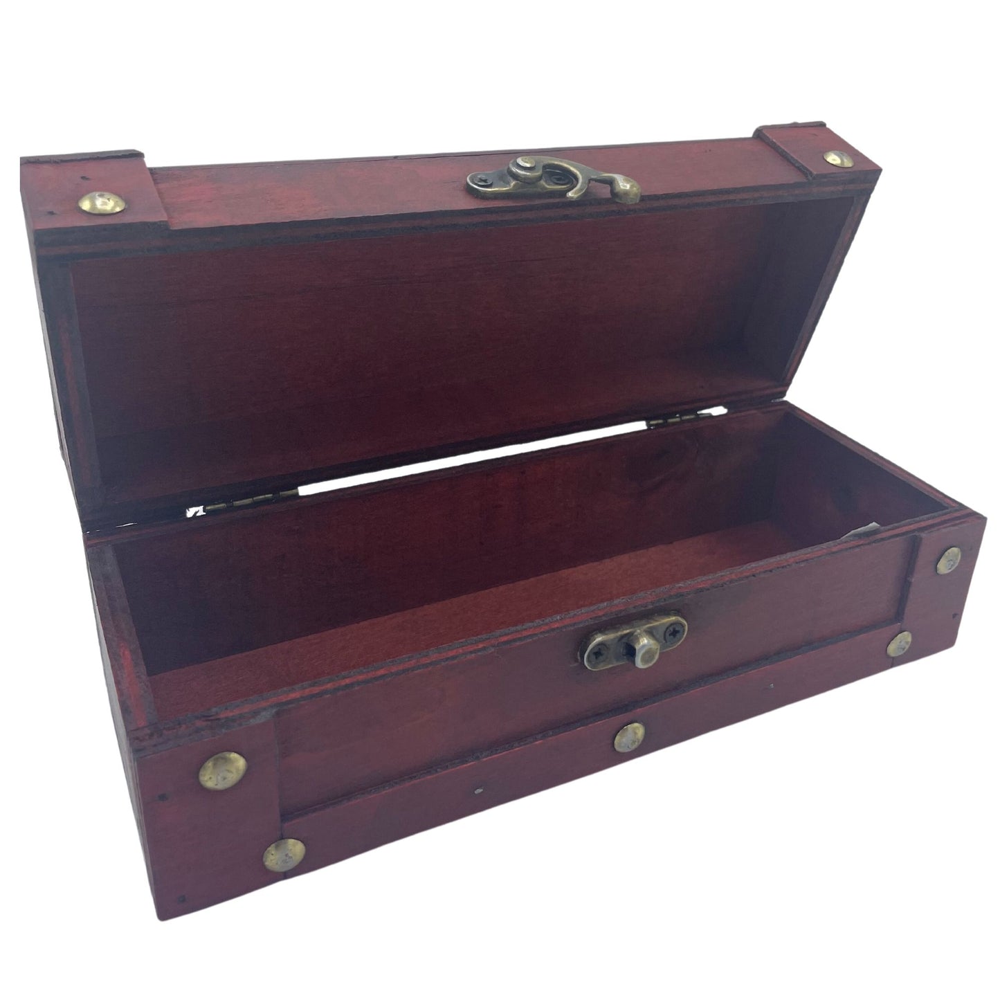Caja de madera roja con acabados en latón, estilo vintage, ideal para almacenamiento o decoración.