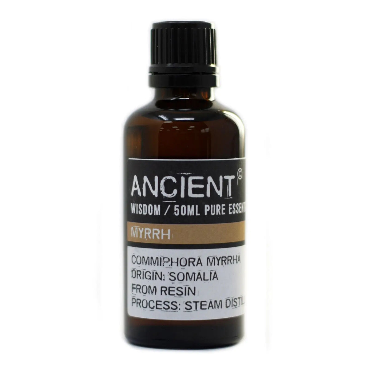 Frasco de vidrio ámbar de 50ml con tapa negra y etiqueta blanca que detalla aceite esencial de mirra de Somalia.