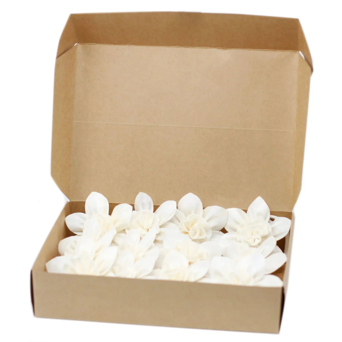 Caja de cartón kraft abierta con flores difusoras de lirio blanco hechas a mano con pétalos de fibra natural