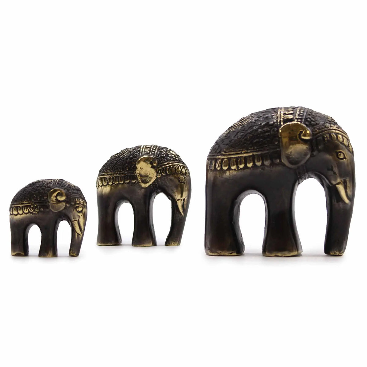 Elefantes decorativos de resina en tonos bronce, estilo étnico, set de 3 tamaños.